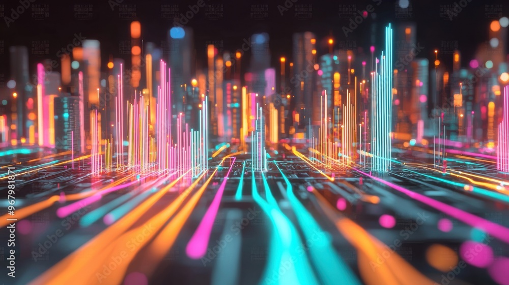 Poster an abstract cityscape with buildings connected by bright neon lines, showing the digital and urban r