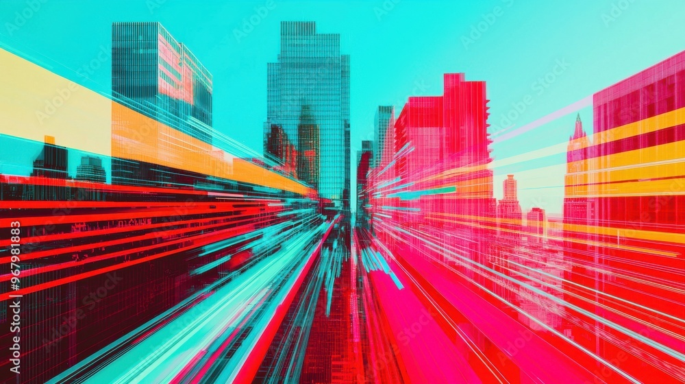 Poster an abstract cityscape where skyscrapers and home interiors merge into one, with bright digital lines