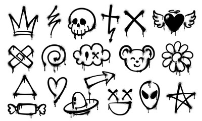 Grunge ink graffiti spray paint. Vector set of black graffiti-style symbols such as crown, skull, cross, heart and alien head, with grungy and drippy texture, capturing the urban street art aesthetic © Vector Tradition