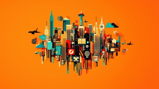An abstract city skyline made of different icons and symbols representing various industries, all merging into one cohesive structure. Idea of unity and collaboration across diverse sectors