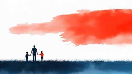 Minimalist watercolor of a parent and children walking under a red sky. Symbolizes family bond, nature, and togetherness.