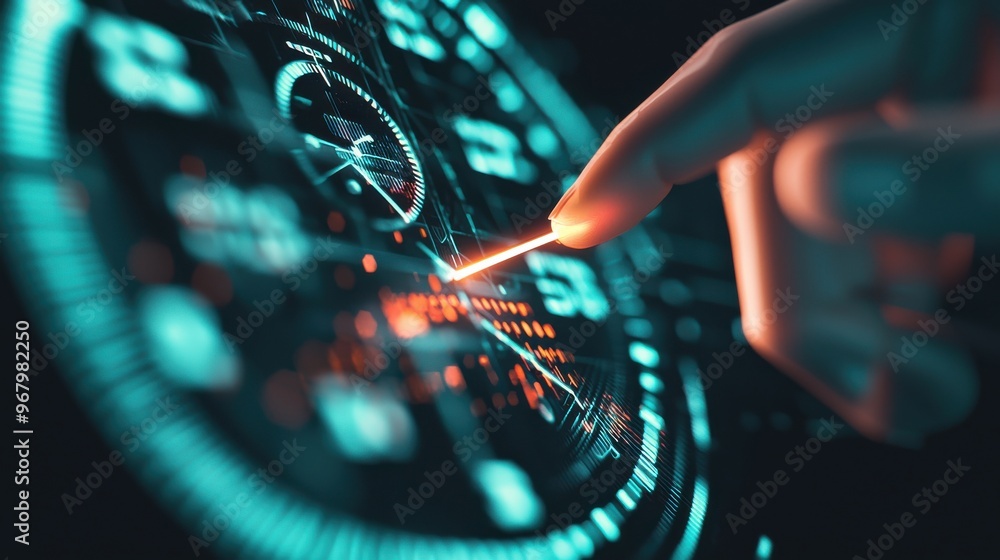 Poster an abstract clock with various dials and one glowing hand pointing to the optimal benchmark, symboli
