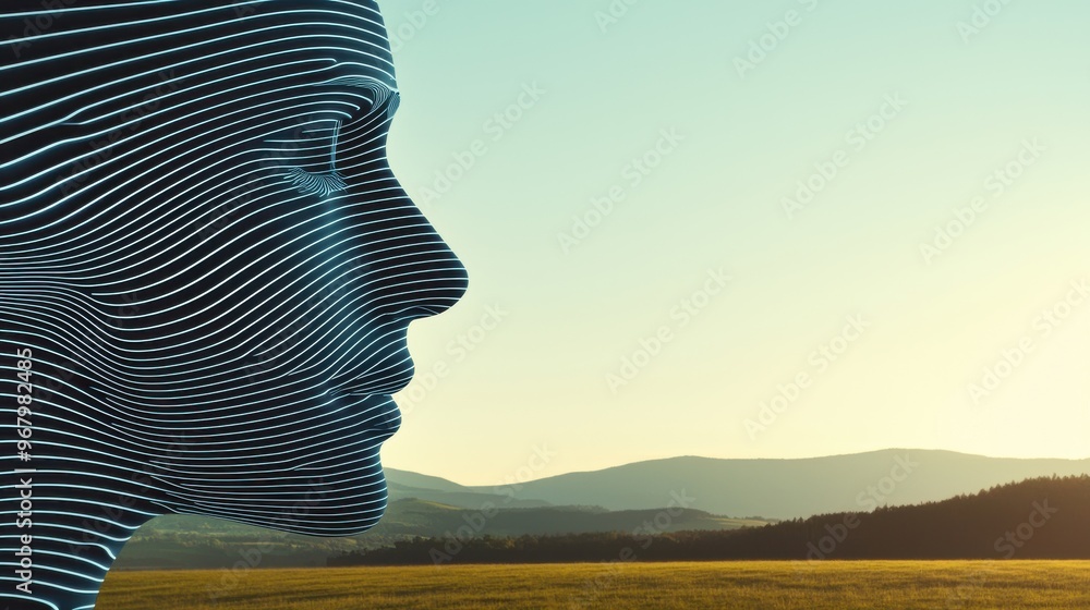 Poster an abstract face made of digital lines and geometric shapes with one eye on a computer screen and th