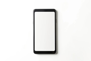 A smartphone with a blank screen placed on a white surface