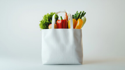 A white bag filled with groceries, set against a plain white backdrop.