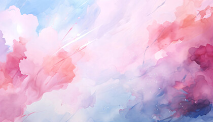 Watercolor clouds of pink and blue create a vibrant, abstract background