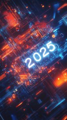 Fototapeta premium A striking abstract design showcases the year 2025 with vivid colors and complex digital textures, creating a futuristic atmosphere