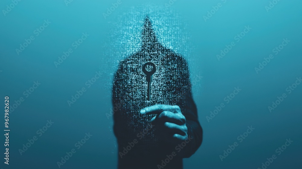 Poster an abstract figure holding a key that fits into a floating digital lock, symbolizing the importance 