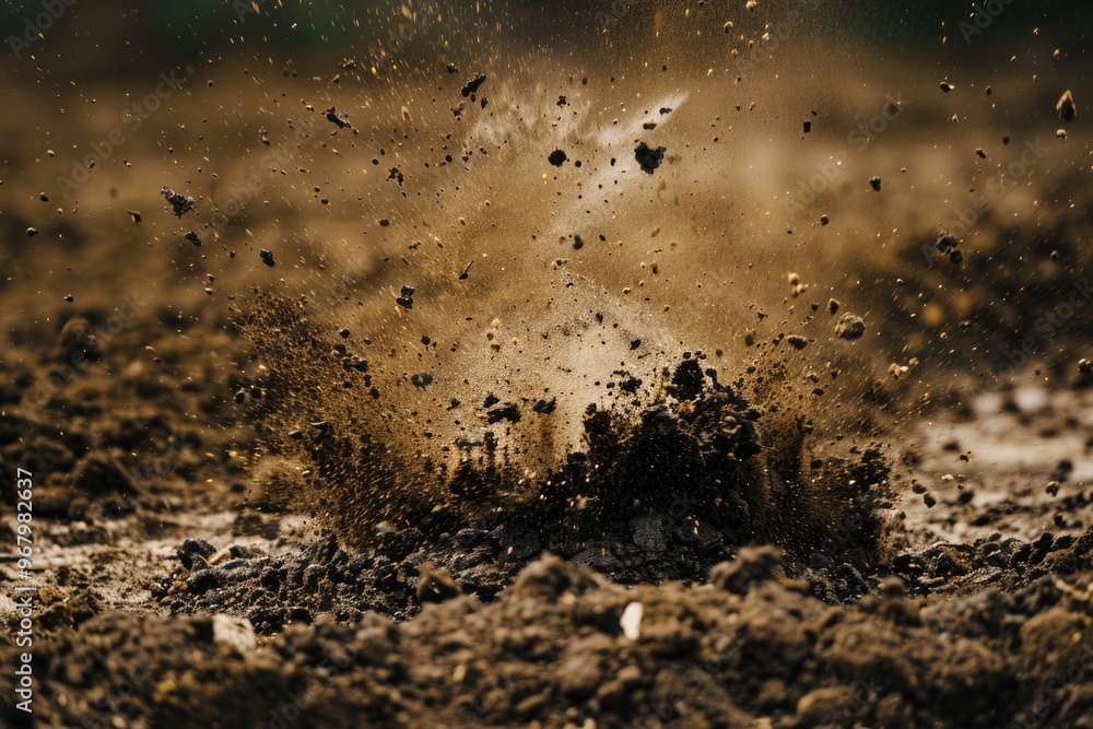 Poster a close-up shot of a dirt field with rich soil texture, ideal for use in agriculture or environmenta