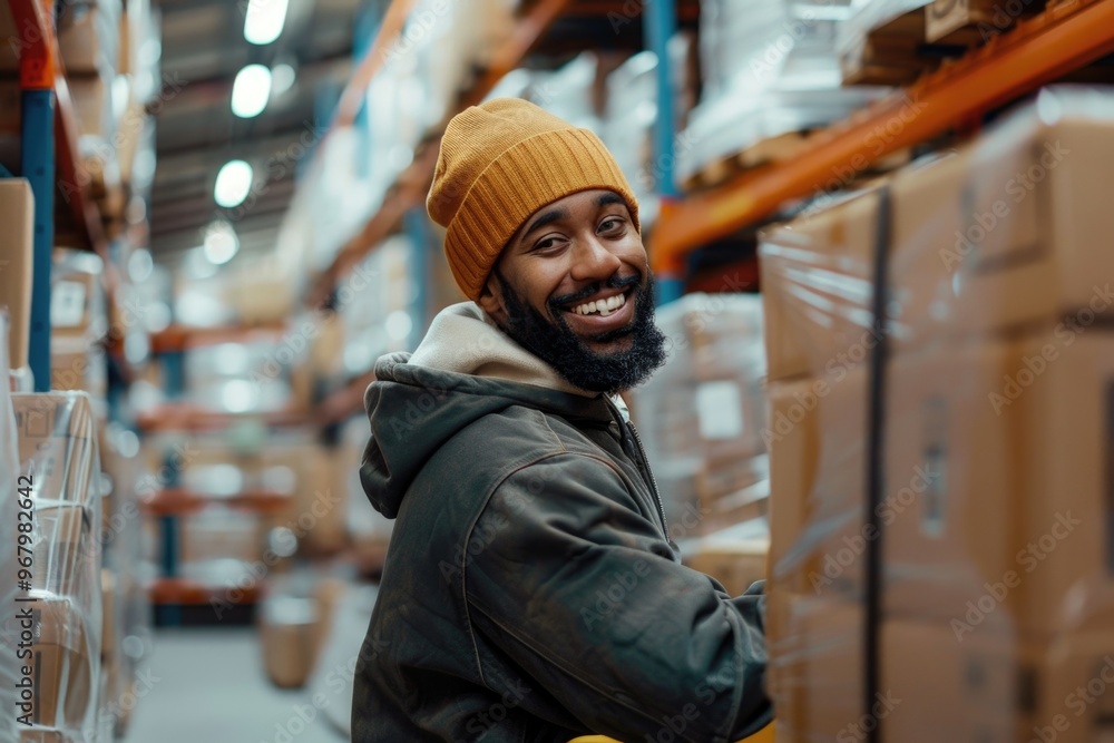 Poster A smiling man is surrounded by boxes and storage containers in a warehouse setting