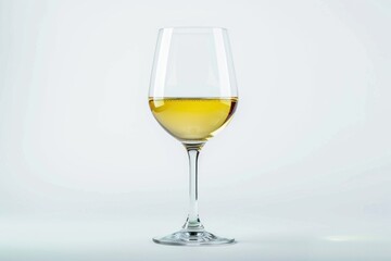 A single glass of white wine sits on a table, ready to be enjoyed