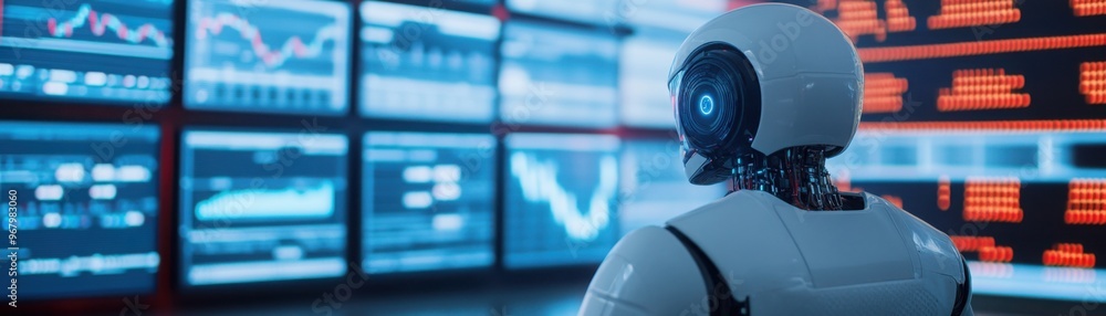 Poster robot sitting at a futuristic trading desk analyzing stock graphs on virtual screens, [ai analysis],