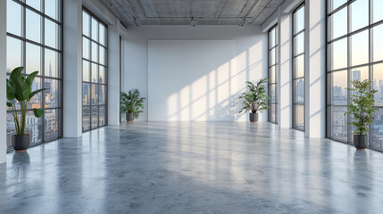 Fototapeta premium A large empty room with city views and natural light.