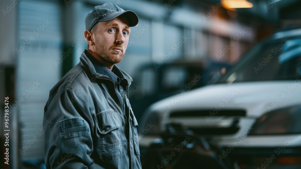 Poster a person standing next to a vehicle in an automotive workshop