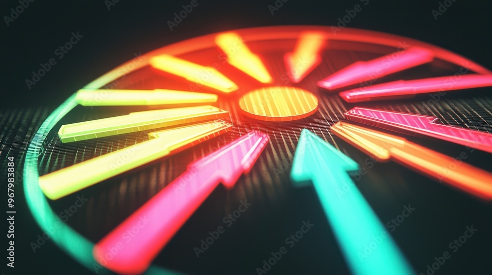 Poster an abstract pie chart with vibrant segments transforming into arrows pointing outward, representing 