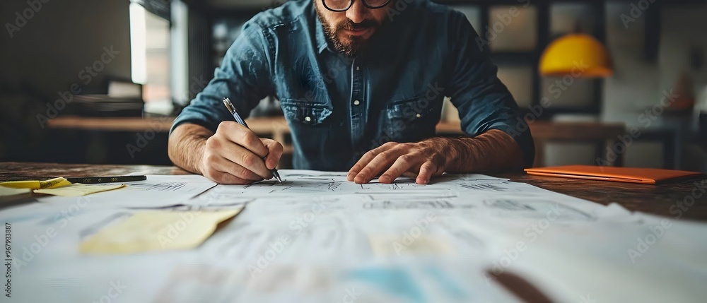 Poster creative professional sketching website layout ideas on paper capturing the concept development stag