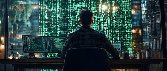 Professional software developer writing complex HTML code in a futuristic matrix inspired digital environment with a sleek hacker like aesthetic and green background patterns