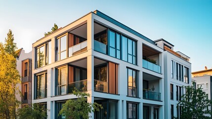 Fototapeta premium Modern Apartment Building with Large Windows and Balconies