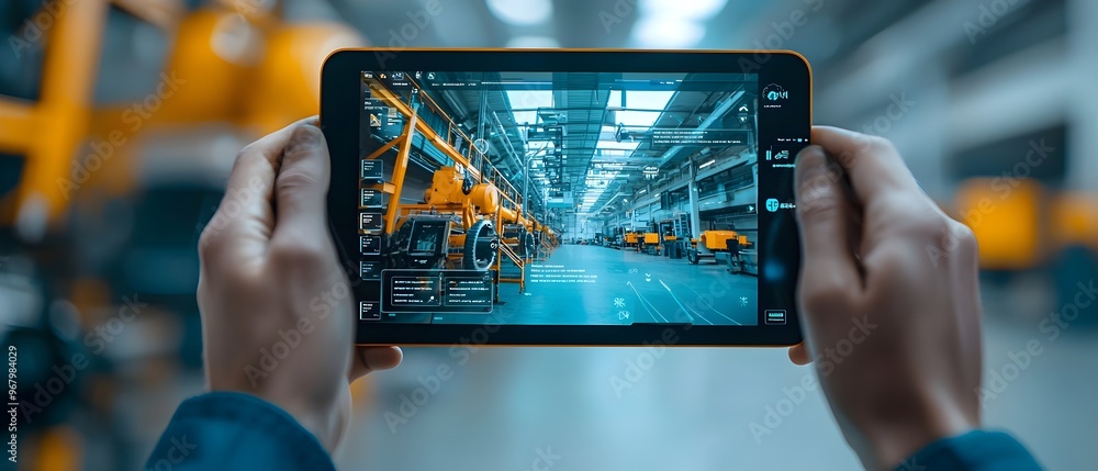 Poster augmented reality interface overlaid on digital tablet displaying website interaction in an industri