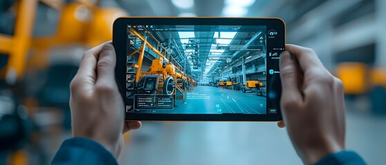 Augmented Reality Interface Overlaid on Digital Tablet Displaying Website Interaction in an Industrial Manufacturing Workspace with Futuristic Smart Technology and Mixed Reality Experience