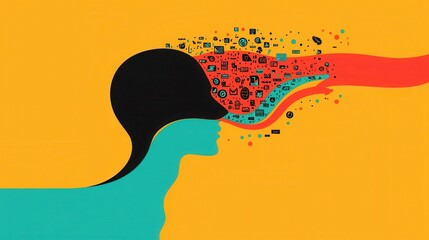 An abstract river flowing from one head to another, filled with symbols, letters, and numbers, illustrating the fluid transfer of knowledge and ideas