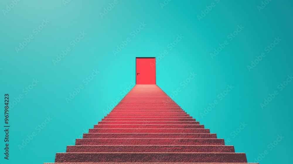 Poster an abstract staircase with each step representing a performance metric, leading up to a bright door 