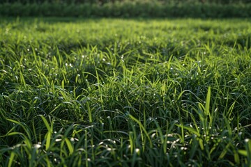 Obraz premium A natural scenery with lush green grass and tiny water droplets, suitable for use in travel, nature, or lifestyle images