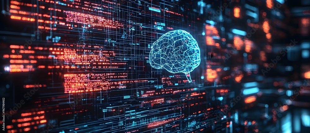 Poster futuristic digital landscape showcasing an ai driven holographic interface for web design and softwa