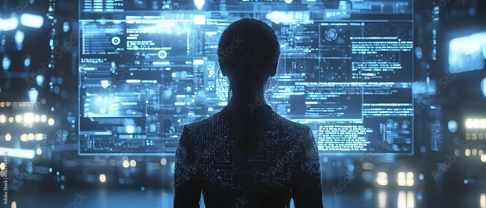 Poster intelligence designing a futuristic website on holographic display ai driven web development process