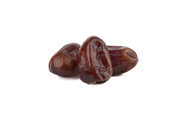 Three dehydrated date fruits isolated on white background.