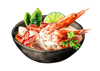Bowl of Asian soup Tom Yum with shrimps. Hand drawn watercolor illustration,  isolated on white background