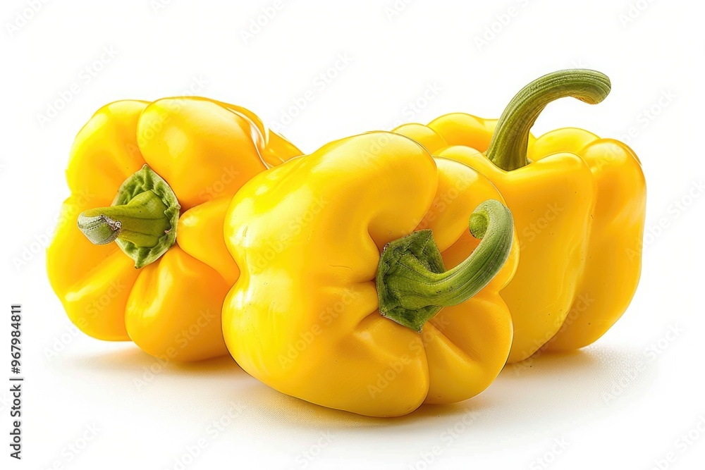 Poster three yellow bell peppers arranged on a clean white surface