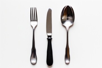 A set of kitchen utensils including a knife, fork, and spoon placed on a clean white surface