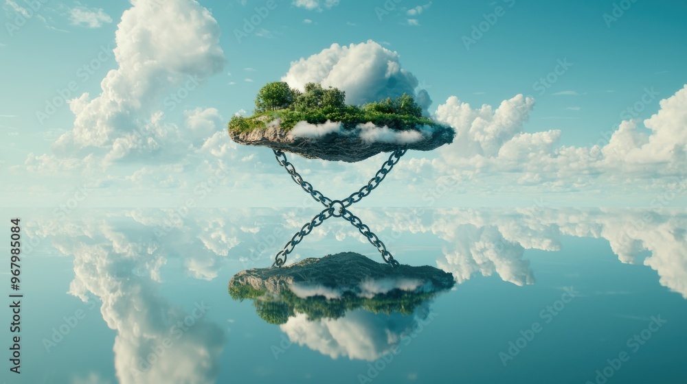 Poster anchor of dreams: a floating island with abstract clouds and ideas, but anchored securely to the gro