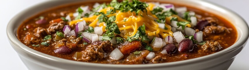 Hearty Chili Bowl, a full-body view of a steaming bowl of chili topped with melted cheese and fresh onions, set against a clean, white backdrop.