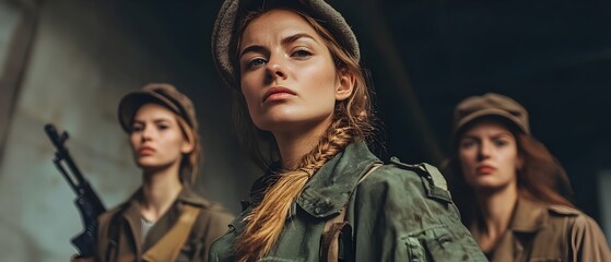 Fototapeta premium Determined Women Resistance Fighters Aiding Efforts During Wartime Conflict A group of female soldiers in military uniform carrying rifles and weapons