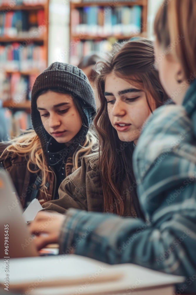 Poster three focused college students engaged in group study using laptop computers at a modern library.