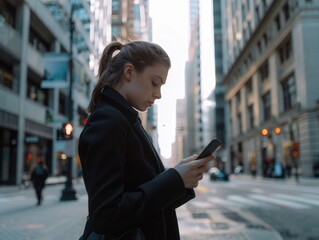 A woman standing on a city sidewalk, focused on her smartphone. She is dressed in an urban, professional style.