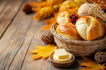 Freshly baked bread rolls in a basket with butter, surrounded by autumn decorations on a rustic...