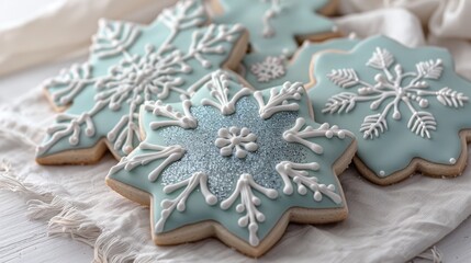 Festive display of pastel snowflake cookies with glitter on a linen table runner.