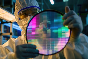 An Asian woman wearing a white protective suit is holding up a semiconductor with her hands. She is inside a cleanroom environment
