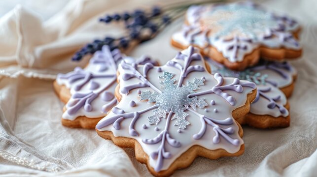 Christmas-themed cookies with pastel snowflake patterns, adorned with glitter, displayed on a linen runner.
