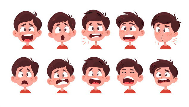 A cute boy, multiple poses and expressions, character sheet design in a vector illustration style, white background,character sheet.