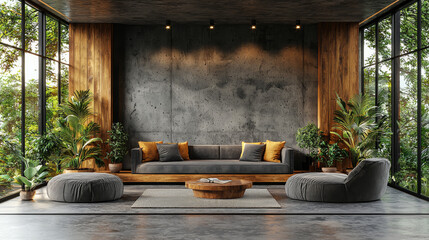 Modern living room with a  grey couch and a wooden coffee table.