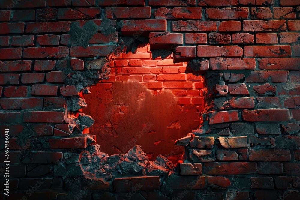 Poster a worn-out brick wall with a noticeable hole, suitable for background or architecture-focused images