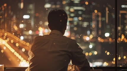 Obraz premium Man Looking Out a Window at the City at Night