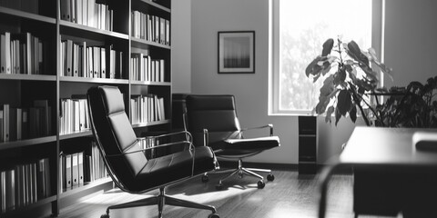 A well-lit, modern home office with a library theme, featuring stylish furniture and an inviting reading area.