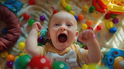 Happy infant with rainbow balls, joyful expression. Playful toddler environment.