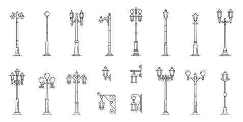 Streetlight, lamppost, pillar lanterns line icons vector set featuring traditional and modern public lighting fixtures. Outdoor lighting architectural elements, linear monochrome urban lampposts