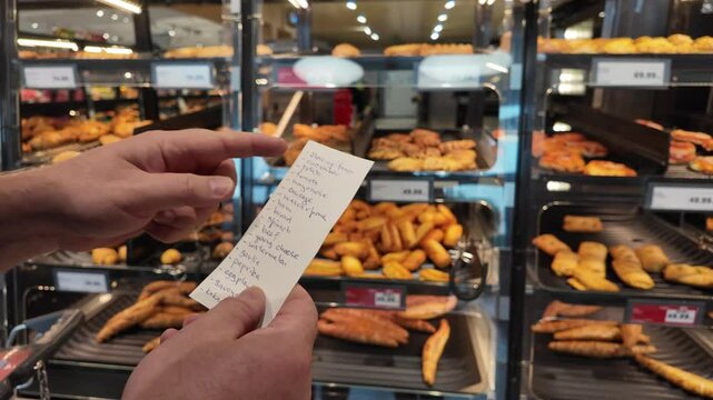 Person holding a shopping list and pointing at various baked goods in a bakery, related to grocery shopping and food